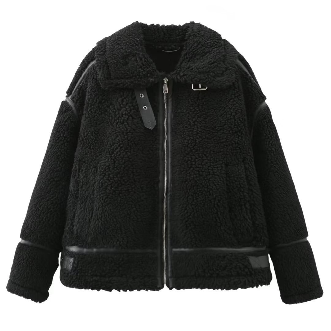 Solid Women Coat Turn Down Collar Zipper Loose Bomber Jacket