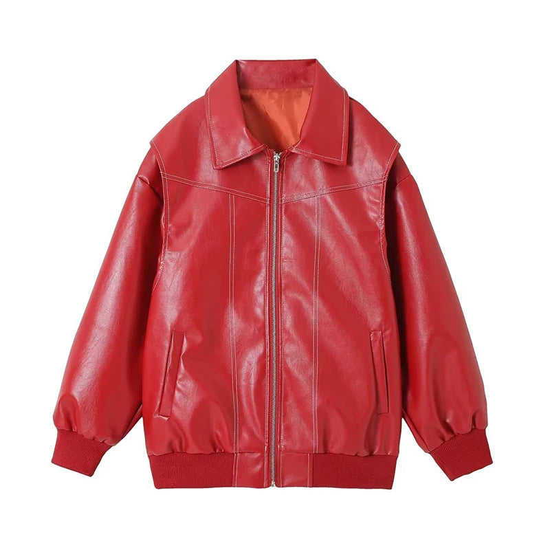 Faux Leather Bomber Jackets For Women Zipper Oversize Jacket