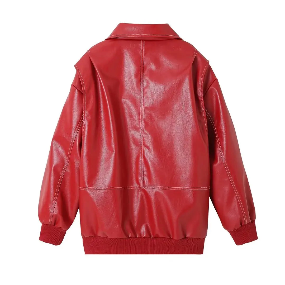 Faux Leather Bomber Jackets For Women Zipper Oversize Jacket