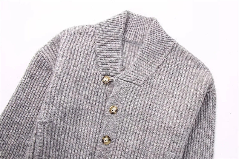 Women Knitted Loose Bomber Jacket V Neck Buttons Long
