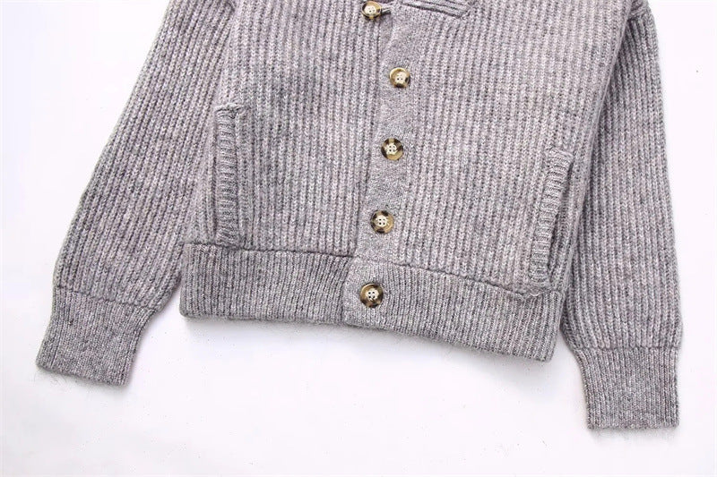 Women Knitted Loose Bomber Jacket V Neck Buttons Long