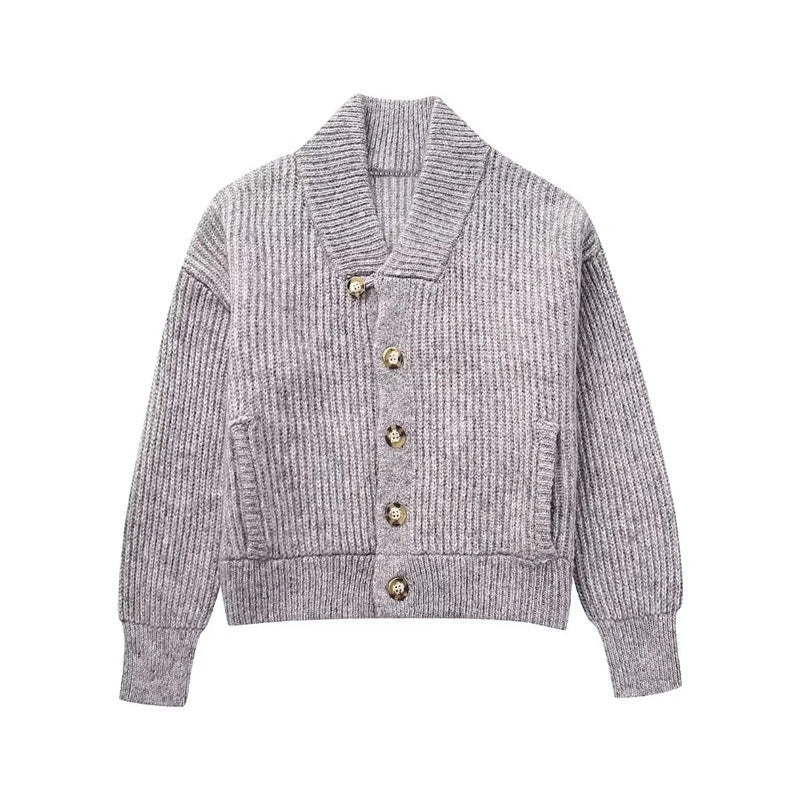 Women Knitted Loose Bomber Jacket V Neck Buttons Long