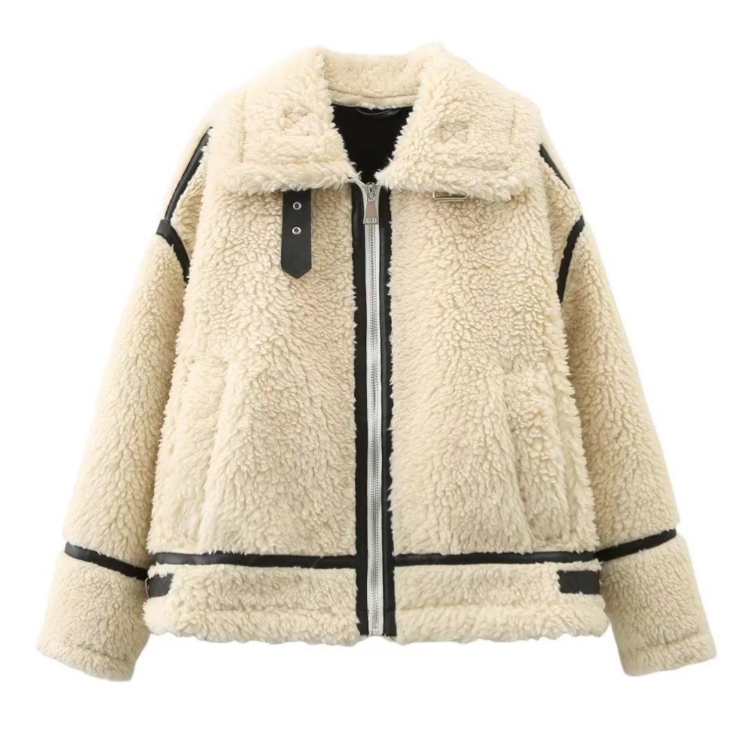 Solid Women Coat Turn Down Collar Zipper Loose Bomber Jacket