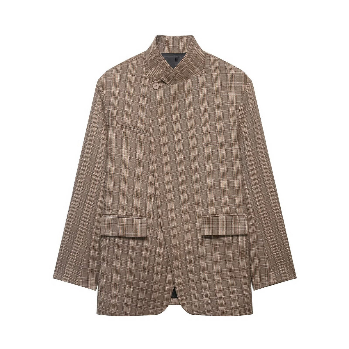 Plaid Long Sleeve Stand Collar Blazer Women's Coat