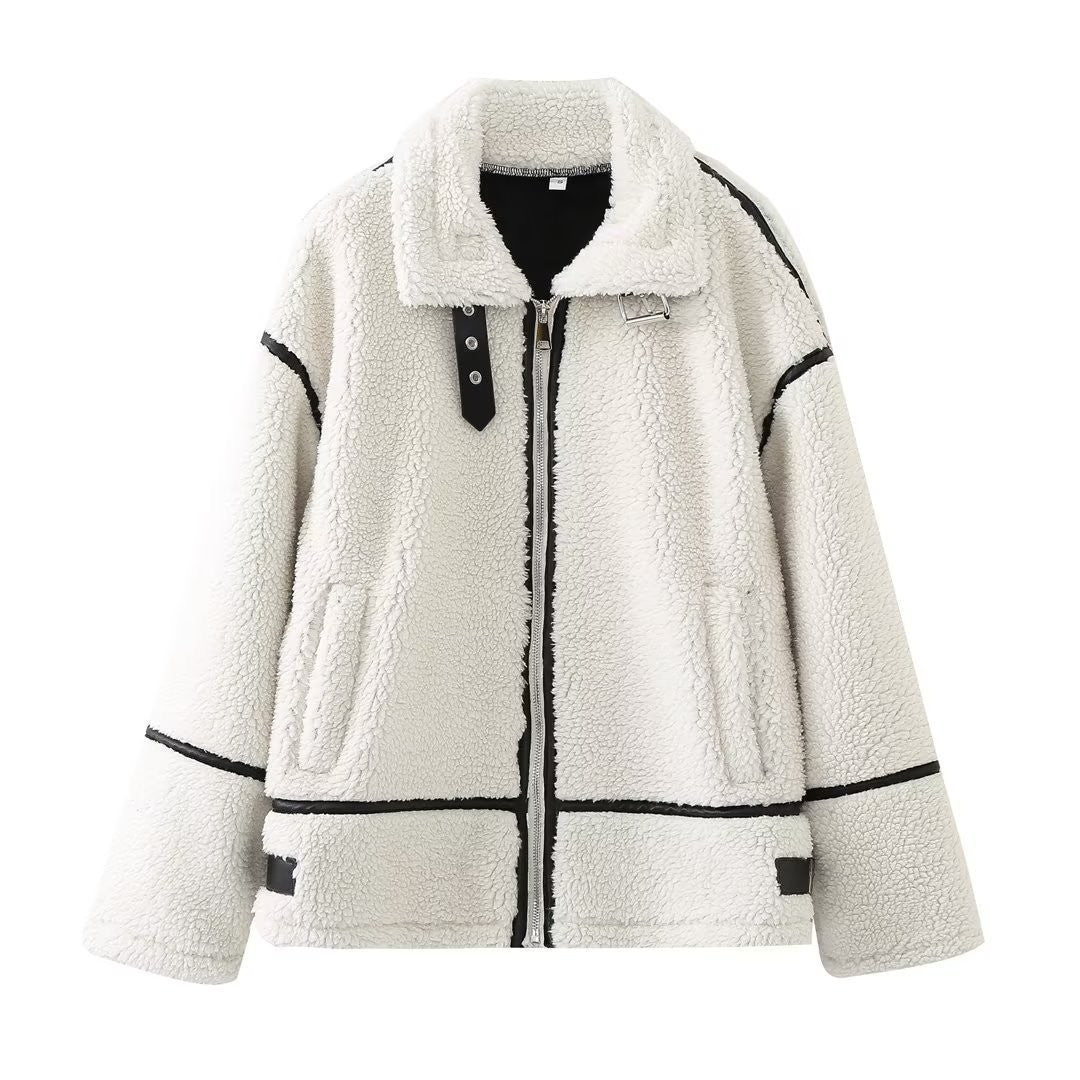 Solid Women Coat Turn Down Collar Zipper Loose Bomber Jacket