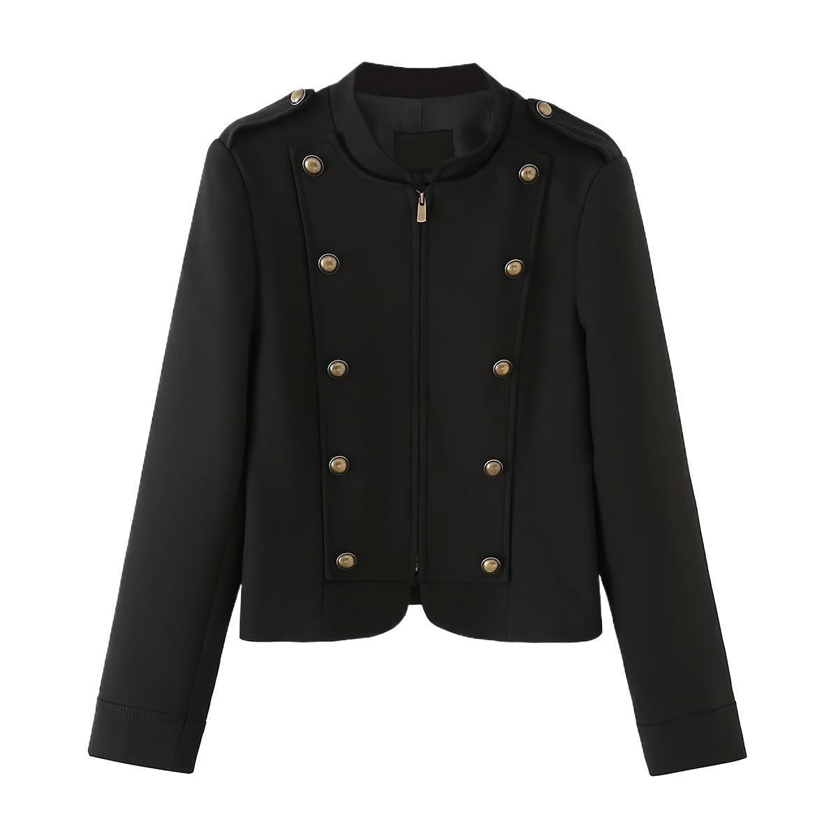 Women's Zipper Long Sleeve Button Detail Slim Fit Blazer