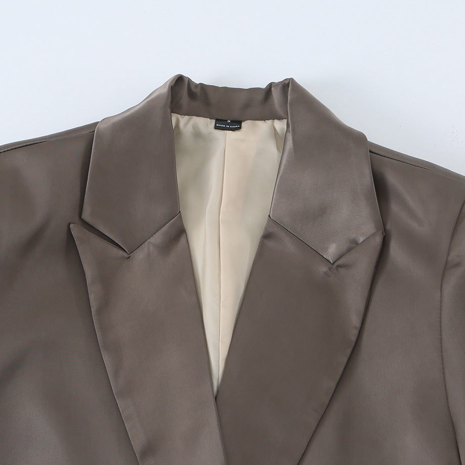 Commuting style elegant satin double breasted suit jacket